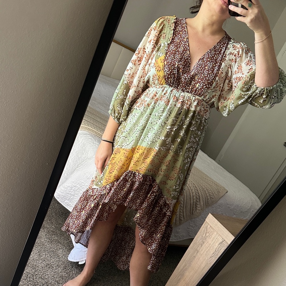 Umgee High Low Floral Dress in Green and Brown